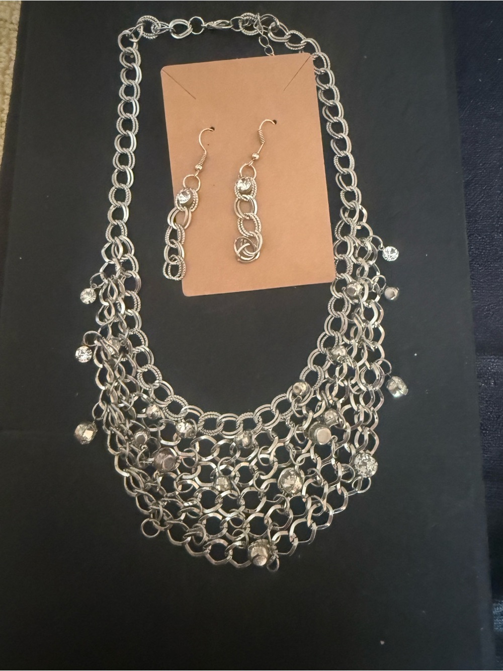 Silver-Tone Multi-Row Chain Necklace and Drop Earrings Set